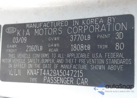 2010 Kia Forte Lx z USA, uszkodzony, nr VIN KNAFT4A29A5047215